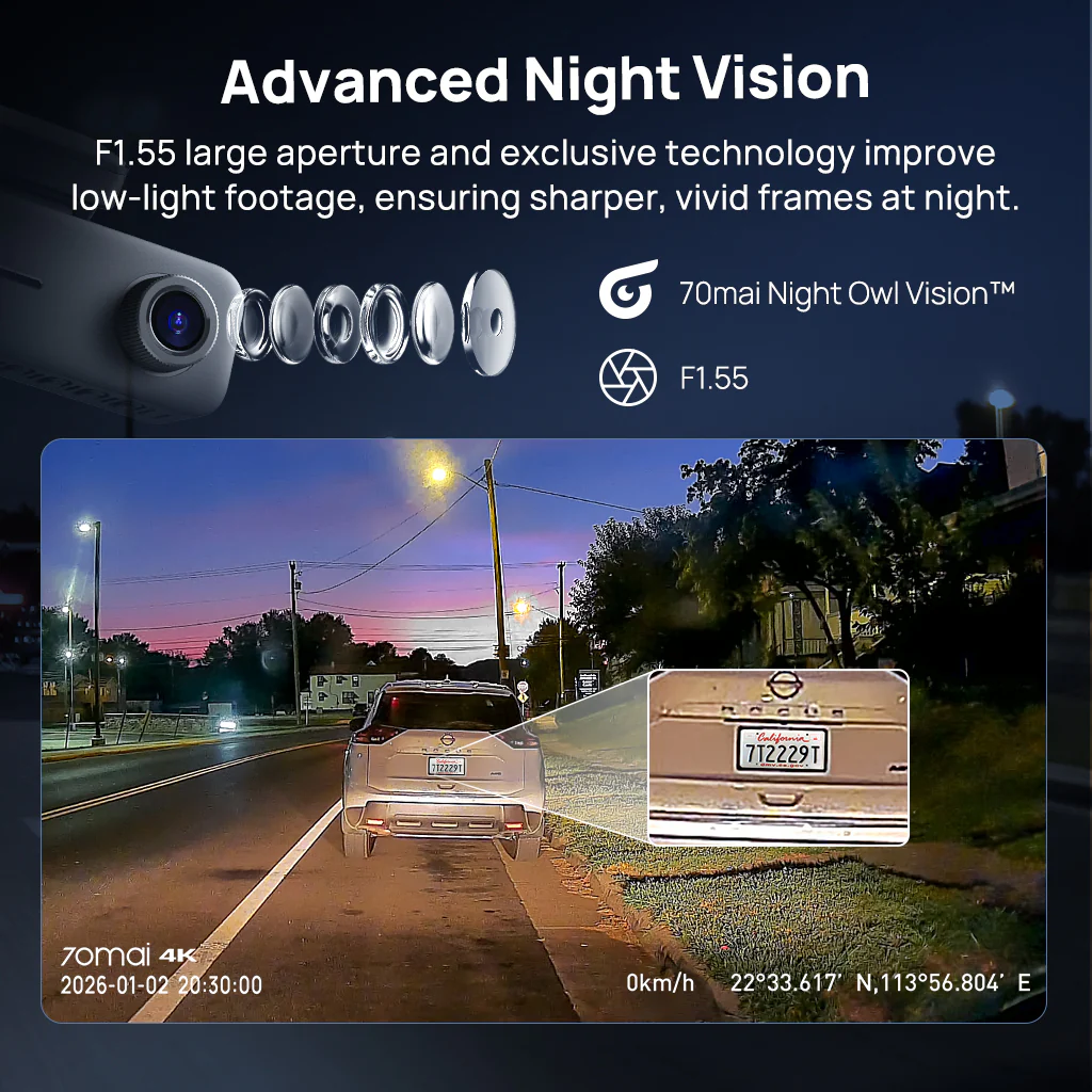 70mai Dash Cam 4K T800E, 3-Channel Front Interior Rear Car Camera, 4K HDR, Night Owl Vision, 24H Parking Surveillance & GPS - Image 11