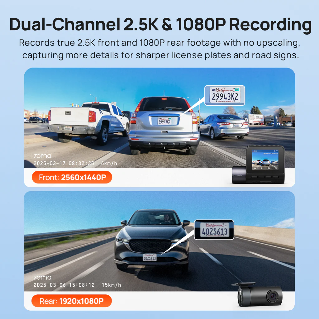 70mai Dash Cam A410 2.5K HDR Dual w/ GPS, Emergency Record, G-Sensor, App Control & Compact Design - Image 9